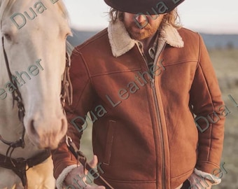 Men’s B3 Shearling Leather Jacket, Vintage Aviator Bomber Coat, Real Sheepskin Winter Jacket
