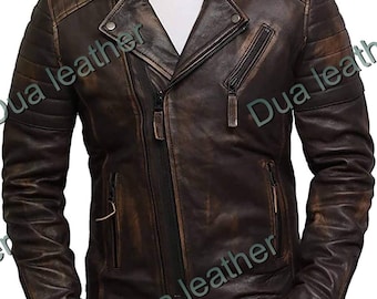 Brown Distressed Leather Biker Jacket Vintage Slim Fit Motorcycle Coat for Men