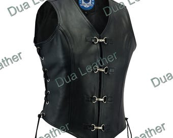 Título SEO do Etsy: Colete feminino preto de couro legítimo estilo motociclista com fivela frontal e fechamento por cadarço