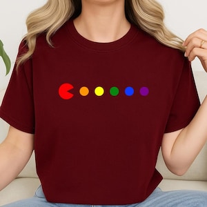 Retro Pacman Rainbow Dot Tee, Colorful Gamer Shirt, Vintage Arcade Game Graphic Tee, Fun 80s Style Shirt, LGBTQ Pride Gift Idea