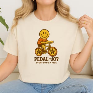 Retro Smiley Face Bicycle Shirt, Pedal For Joy Graphic Tee, Vintage Biker Quote Shirt, Positive Vibes Cycling T-Shirt, Happy Ride Tee
