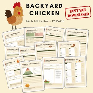 Könnte beinhalten: Digitaler Download "Backyard Chicken" mit 12 Seiten druckbarer Formulare. Enthält eine Cartoon-Hühner-Illustration und die Worte "Sofort-Download". Formulare umfassen eine Jahreszusammenfassung, ein Gesundheitsprotokoll und die Einrichtung des Stalls.