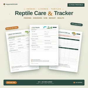 Op de afbeelding: Een afdrukbare reptielenverzorging en -tracker, met pagina's voor voeding, vervelling, UVB, gewicht en gezondheid. Bevat een snelle referentie, reptielenidentiteit en supplement- en UVB-logboek. Voor slangen, hagedissen en schildpadden.