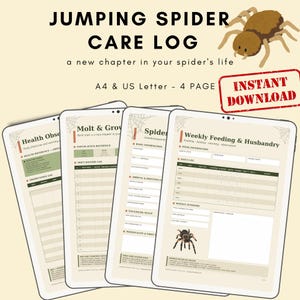 May include: A digital Jumping Spider Care Log with four pages displayed on tablets. The log includes sections for health, molting, spider information, and weekly feeding. The words "Instant Download" are in a red stamp.