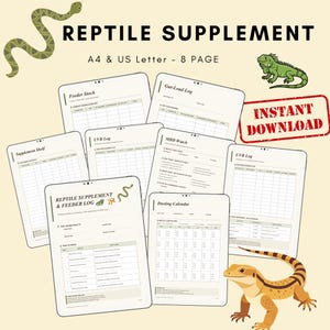 Puede incluir: Un planificador digital de suplementos y registro de alimentación para reptiles con ocho páginas en formatos A4 y US Letter. Las páginas incluyen tablas para inventario, gut-load, UVB, seguimiento de MBD y calendarios de espolvoreo con ilustraciones.