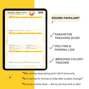 May include: A digital tablet displays a shrimp breeding record and health log. Text on the screen includes "Breeding Record," "Health Log," and "Plant & Tank Maintenance." Additional text on the side reads "Parameter Tracking Guide," "Molting & Mineral Log," and "Breeding Colony Tracker."