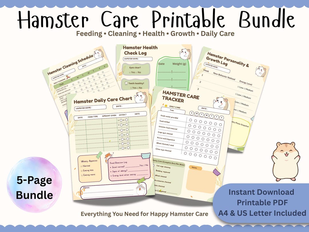 Hamster Care Printable Bundle | Feeding Log, Cleaning Schedule, Health ...