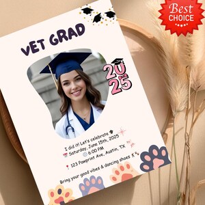 Editable Vet Graduation Invite | Canva Template | Class of 2025 Party | Cute Animal Doctor Grad Card | Digital Download