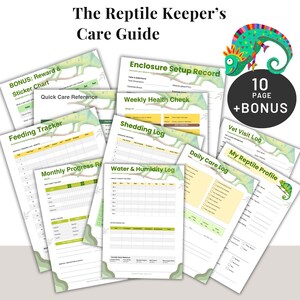 May include: A collection of reptile care guide sheets, including a feeding tracker, shedding log, and vet visit log. The title "The Reptile Keeper's Care Guide" is displayed at the top. A bonus sticker chart is included. A colorful chameleon illustration is also present.