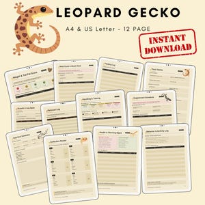Może przedstawiać: Cyfrowe pobieranie z motywem gekona lamparciego. Obraz zawiera kreskówkowego gekona, słowa "LEOPARD GECKO" i cyfrowe strony z tytułami takimi jak "Weight & Tail Fat Score" i "Instant Download".