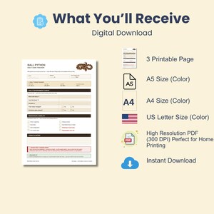 May include: A digital download Ball Python daily care tracker form with sections for environment checks, behavior, health, and notes. The set includes three printable pages in A5, A4, and US Letter sizes, provided as a high-resolution 300 DPI PDF file.