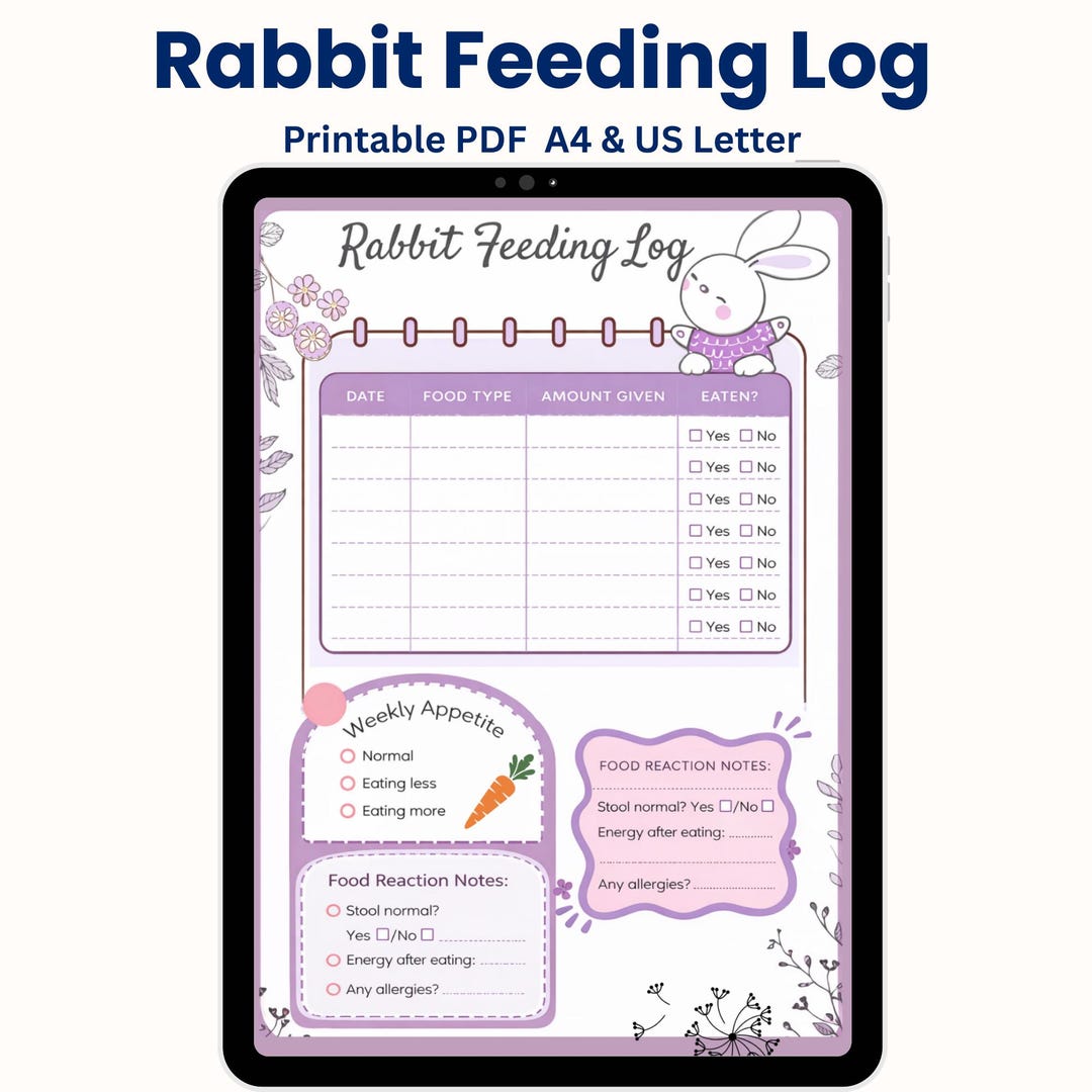 Rabbit Feeding Log Printable PDF | Bunny Food Tracker Chart Hay Veggies ...