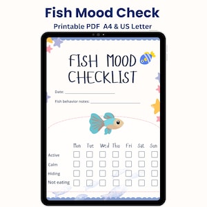 Monitor nastroju i zachowania ryb dla dzieci do druku | Lista kontrolna pielęgnacji akwarium | Dziennik obserwacji zwierząt domowych w formacie PDF