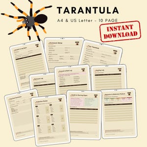 以下が含まれることがあります： 「タランチュラ」というタイトルのデジタルダウンロード、10ページ、A4＆USレターサイズ。画像には、漫画のタランチュラと、「Enclosure Setup」や「Instant Download」などのタイトルが付いたさまざまなページが赤いスタンプで表示されています。