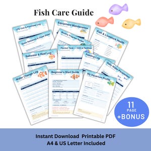 Puede incluir: Un conjunto de documentos PDF imprimibles titulados "Fish Care Guide". Las páginas incluyen registros de cambios de agua, alimentación y perfiles de acuario. La imagen también incluye el texto "Instant Download Printable PDF A4 & US Letter Included."