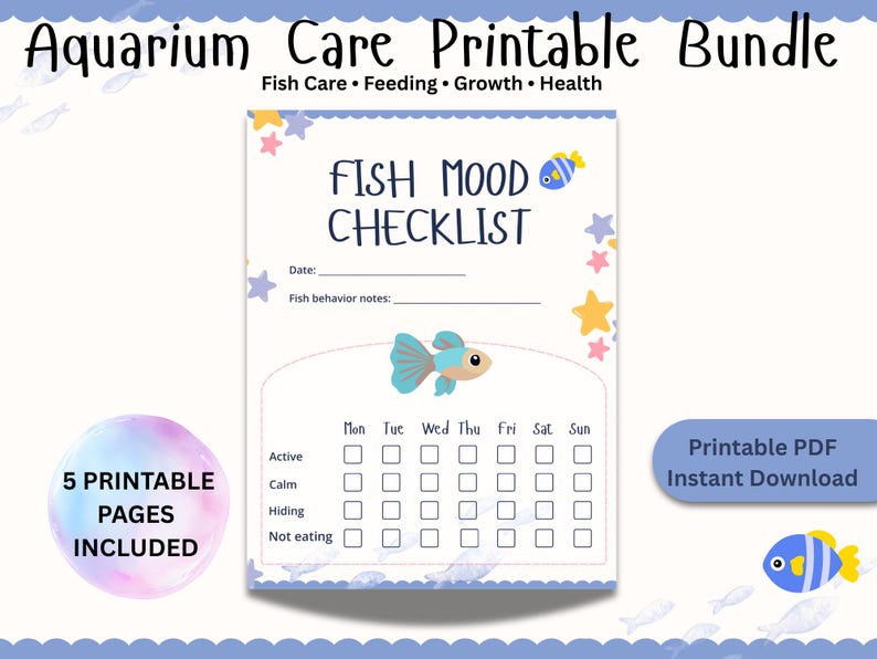 Fish Care Printable Bundle for Kids Aquarium Feeding Tracker | 5 Page ...