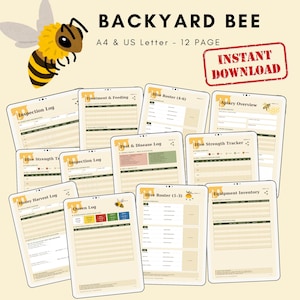 Könnte beinhalten: Ein Satz von 12 bedruckbaren Imkerprotokollen mit dem Titel "Backyard Bee". Die Protokolle umfassen Abschnitte für Inspektion, Behandlung und Bienenstockverwaltung. Das Bild zeigt eine Cartoon-Biene und die Worte "Sofort-Download".