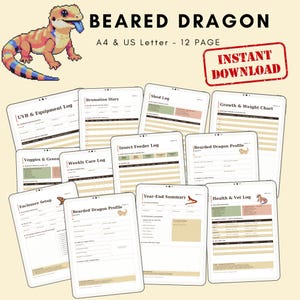 Op de afbeelding: Een digitale download met een baardagamenthema. De afbeelding bevat een gepixelde baardagamenillustratie en diverse logbladen voor de verzorging van huisdieren, zoals UVB, dieet en gezondheidstracking. De tekst luidt "BEARDED DRAGON" en "DIRECT DOWNLOADEN."