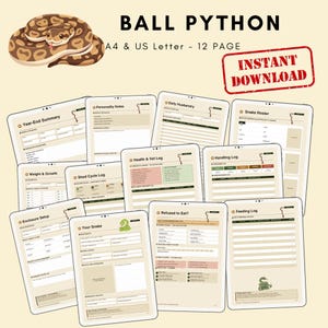 May include: A collection of printable ball python care sheets. The sheets include sections for daily husbandry, health, weight, and feeding logs. The image also includes a cartoon illustration of a ball python and the words "BALL PYTHON" and "INSTANT DOWNLOAD".