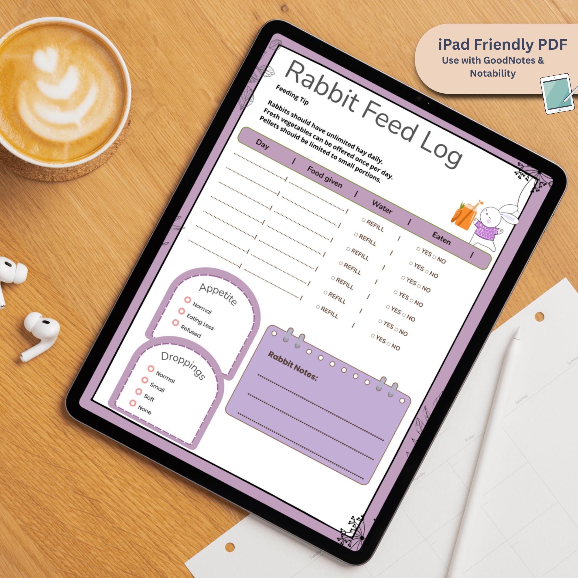 Rabbit Feeding Log Printable | Bunny Food Tracker Care | Pet Planner ...