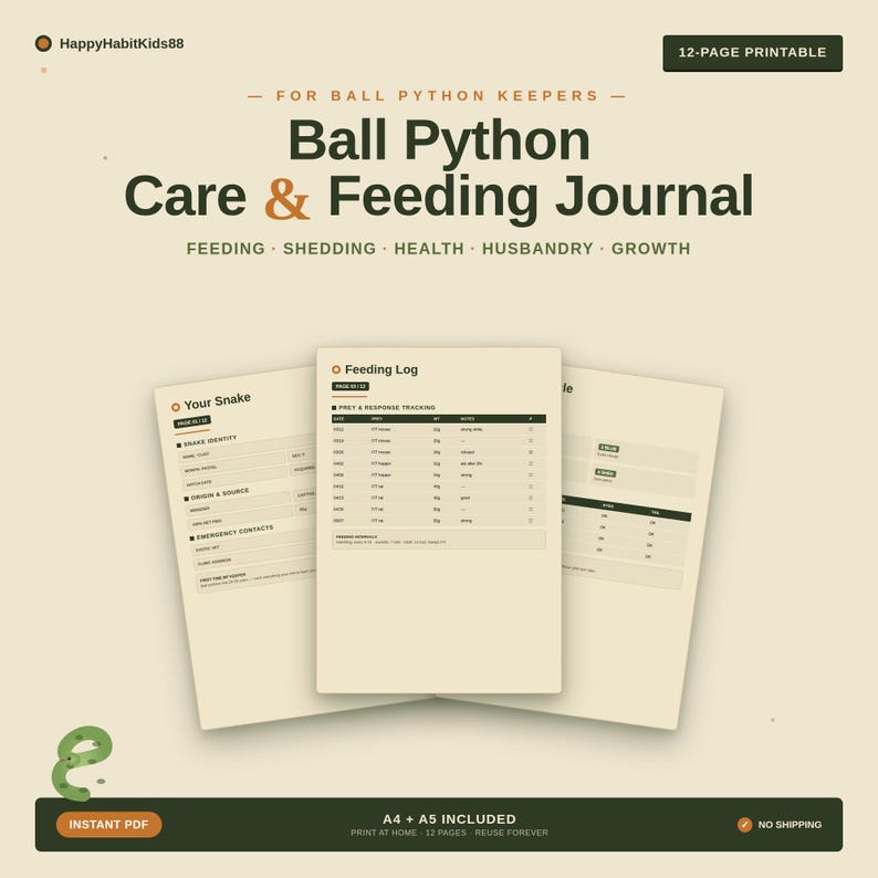 Ball Python Care Journal Printable PDF | Snake Feeding Log Tracker ...