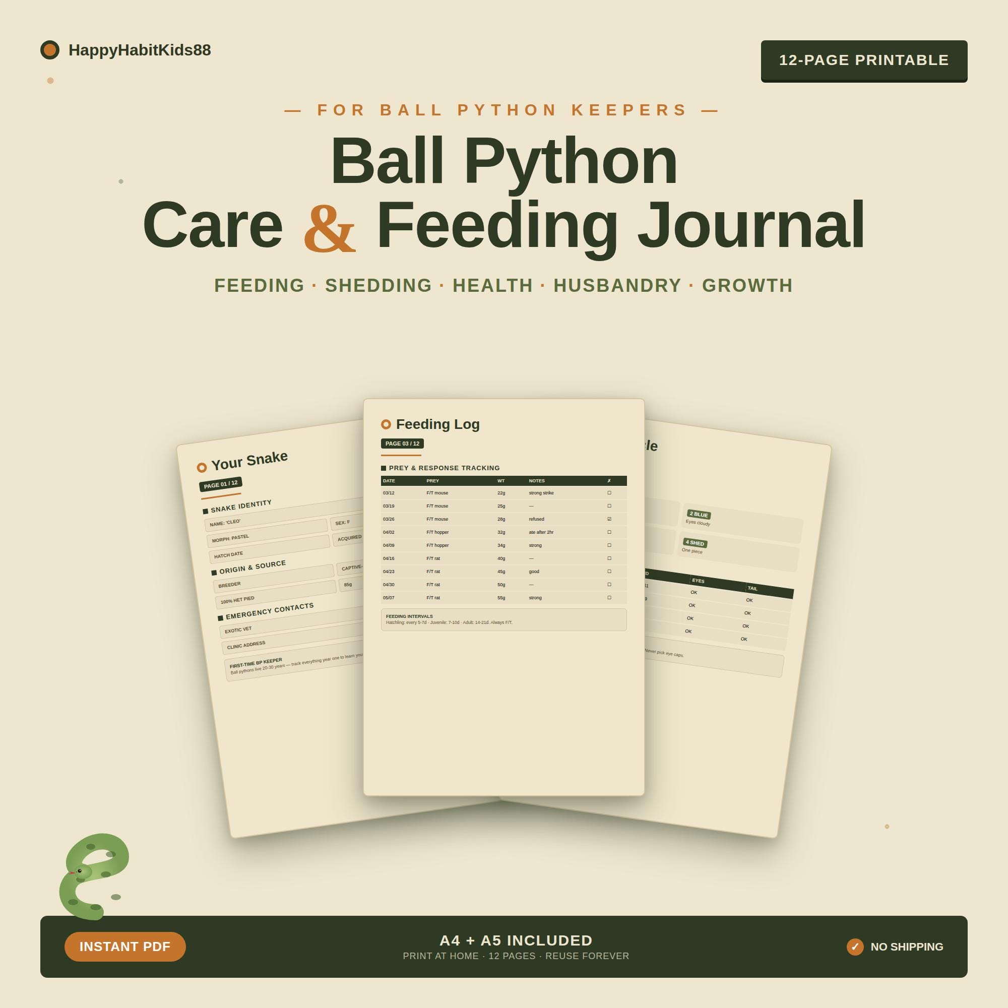Ball Python Care Journal Printable PDF | Snake Feeding Log Tracker ...