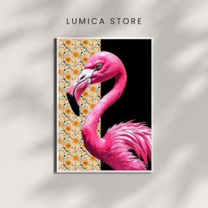 Pink Flamingo druckbare Wand Kunst Tropischer Vogel Poster Floraler Hintergrund, A4 8 x 10 11x14 PNG Download Bunte Tier Dekor für Zuhause oder Büro
