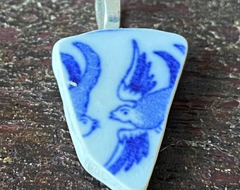 Antique China Plate Pendant in Blue Willow Tumbled #8 Lovers as Birds in the air