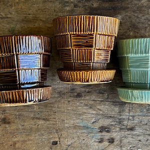 McCoy Art Pottery Flower Pots from the 50's MCM Adorable Basketweave patterned in turquoise and brown marked McCoy made in America!
