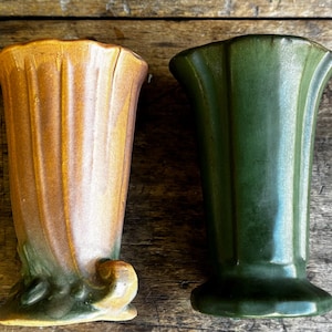 McCoy 6&quot; Art Pottery Vases 1930&#39;s MCM Jardiniere Vase in Matte Green and Brown, and Dark Green USA Nelson McCoy AmericanChina Earthenware
