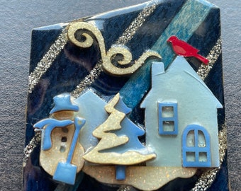 Vintage Lucinda House Pin Winter Scene Snowman Red Bird Silver Glitter Blue House Fireplace Cozy.