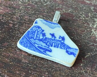 Antique China Plate Pendant in Blue Willow Tumbled #7 Lovers on the bridge