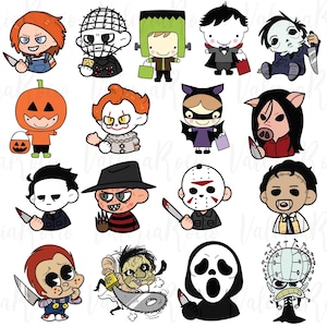 Chibi Horror Movie Villains Bundle, Chibi Horror Movie Icons Png, Horror Halloween Png, Killer Character Halloween, Horror Chibi Style Png