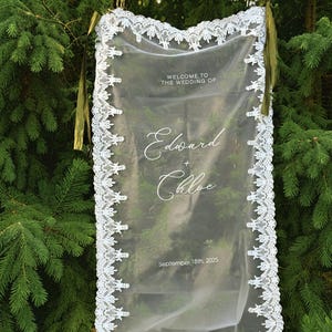 Welcome Fabric Sign, Sheer Sign, Personalized Wedding Welcome Sign, Lace Fabric Sign, Custom Linen Wedding Signs, Bridal Shower Signs