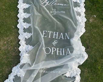 Welcome Fabric Sign, Sheer Sign, Personalized Wedding Welcome Sign, Lace Fabric Sign, Custom Linen Wedding Signs, Bridal Shower Signs