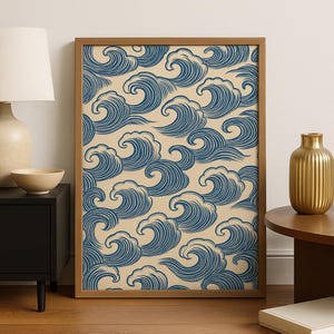 Blue Waves Japandi Wall Art Print, Japanese Wall Art, Wabi Sabi Wall Art, Japanese Poster, Printable Wall Art