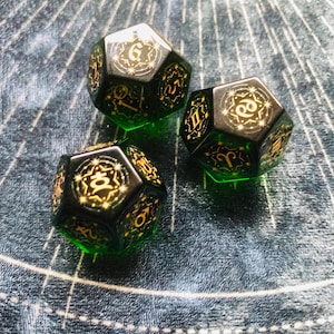 Engraved Olive Green Astrology Dice Set: Handcrafted Gemstone Divination