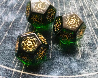 Engraved Olive Green Astrology Dice Set: Handcrafted Gemstone Divination