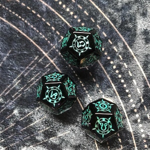 Engraved Gray Zircon Astrology Dice Set: Handcrafted Divination Tool