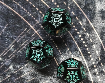 Engraved Gray Zircon Astrology Dice Set: Handcrafted Divination Tool