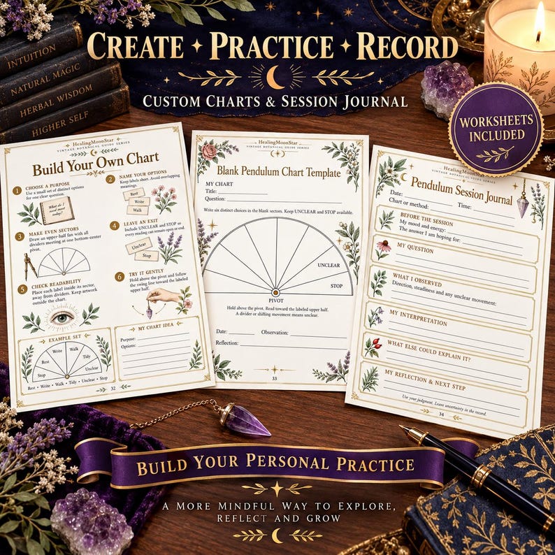 May include: Three printed pages titled Build Your Own Chart, Blank Pendulum Chart Template, and Pendulum Session Journal. The pages feature botanical illustrations, gold-toned lines, and text instructions for dowsing practice and record keeping.