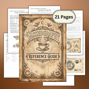 Könnte beinhalten: Ein 21-seitiger Tasseographie-Referenzleitfaden mit einem Vintage-Cover, verzierten braunen Rändern, Blattillustrationen und einer zentralen Teetassengrafik. Das Dokument enthält Anleitungstexte, Diagramme von Teetassen und analytische Prinzipien.