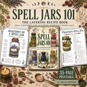 May include: A 35-page printable guide titled Spell Jars 101: The Layering Recipe Book. The cover features five illustrated jars with various ingredients, surrounded by floral motifs. Two sample pages show the anatomy of a spell jar and a prosperity spell jar recipe with text, diagrams, and botanical illustrations.