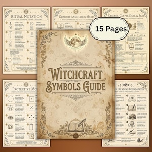 May include: A 15-page witchcraft symbols guide featuring a collection of instructional reference sheets with vintage-style parchment backgrounds, black text, and decorative illustrations of moons, stars, and botanical motifs throughout the pages.