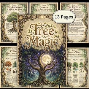 May include: A collection of illustrated pages titled "Tree Magic". The central image features a large tree with a full moon, surrounded by text and botanical illustrations. The cover reads "Tree Magic" in ornate lettering. The pages are labeled with titles like "The Anatomy of a Magical Tree".