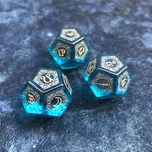Hand Crafted Blue Zircon Astrology Dice Set: Engraved Divination Dice