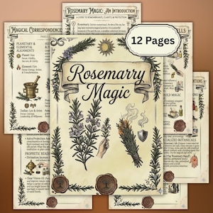 以下が含まれることがあります： 「Rosemary Magic」と題された12ページのデジタルガイド。ローズマリーの小枝、燃えるハーブの束、乳鉢の植物イラストが描かれています。各ページには、魔法の対応関係や儀式に関するテキストが記載されています。
