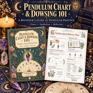 May include: A book titled Pendulum Chart & Dowsing 101: A Beginner's Guide to Pendulum Practice with a dark teal cover featuring floral illustrations, a purple crystal pendulum, and moon phases, displayed alongside a white quick reference sheet.