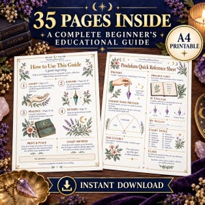 May include: A 35-page A4 printable educational guide for beginners, featuring two pages with botanical illustrations, instructional text, and diagrams for using a pendulum. The pages include sections titled How to Use This Guide and Pendulum Quick Reference Sheet with detailed steps and charts.