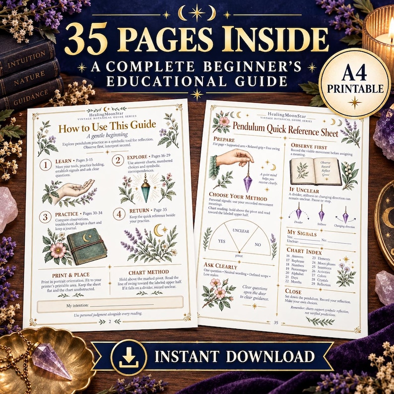May include: A 35-page A4 printable educational guide for beginners, featuring two pages with botanical illustrations, instructional text, and diagrams for using a pendulum. The pages include sections titled How to Use This Guide and Pendulum Quick Reference Sheet with detailed steps and charts.